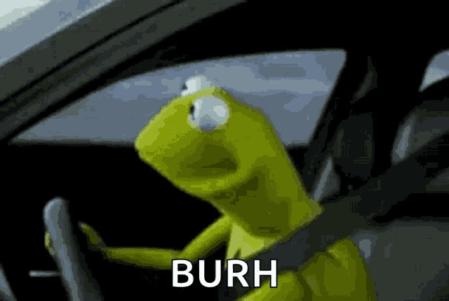 kermit the frog is driving a car and saying burh .
