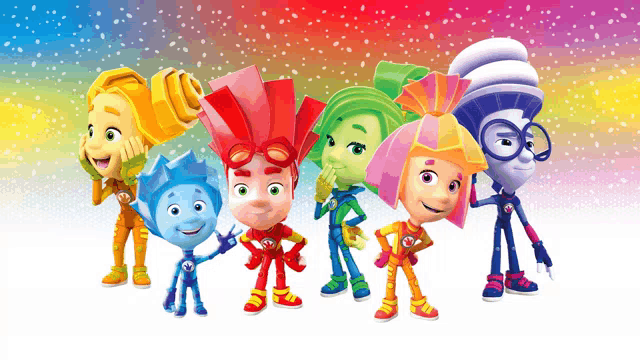 a group of colorful cartoon characters are standing together