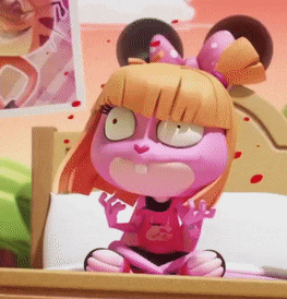 a cartoon character is sitting on a bed wearing a pink shirt that says cb