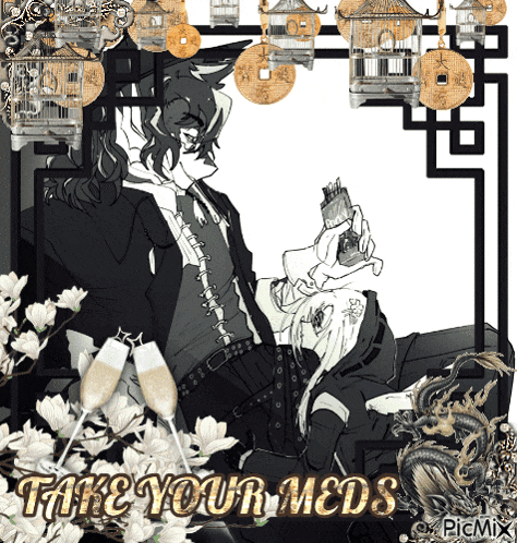 a black and white drawing of a man with the words take your meds