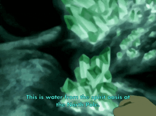 a person holding a green crystal with the words this is water from the spirit oasis at the north pole below it