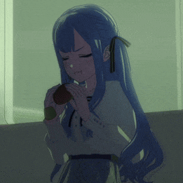 a girl with blue hair is eating a sandwich
