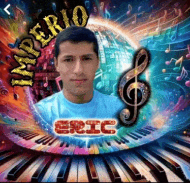 a man is standing in front of a colorful piano keyboard with a treble clef and the word imperio on it