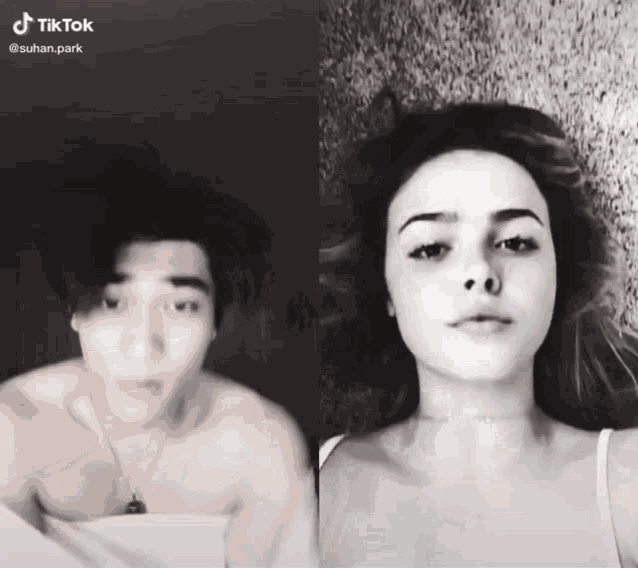 a black and white photo of a man and a woman with tiktok written at the top
