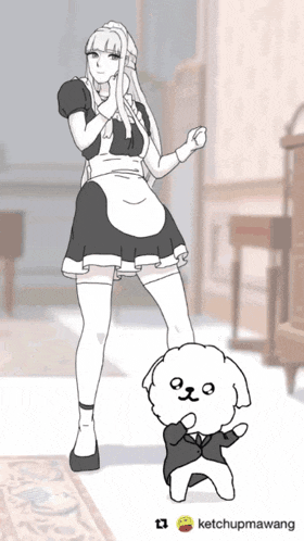 a drawing of a maid standing next to a white dog