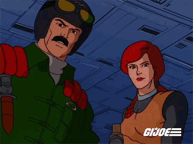 a man and a woman are standing next to each other with the word gi joe on the bottom