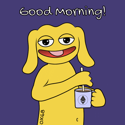 a cartoon of a dog holding a cup of coffee with the words good morning