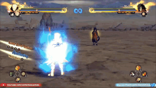 a video game is being played between two characters called madara and naruto