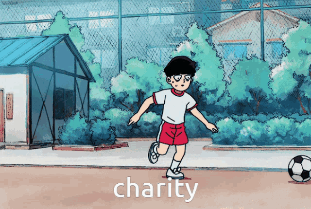 a cartoon of a boy kicking a soccer ball with the word charity in the corner