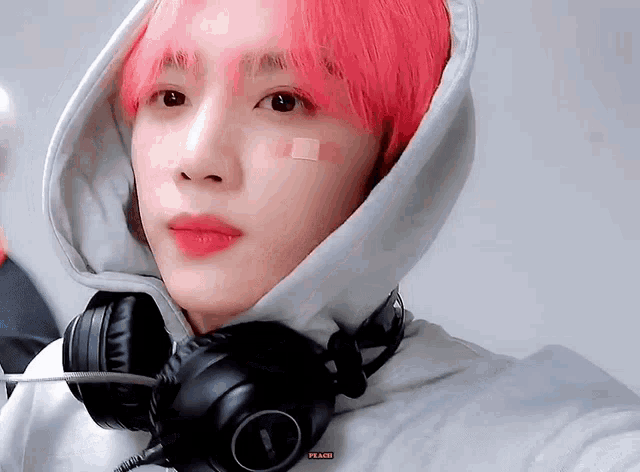 a person with pink hair is wearing headphones and a hoodie .