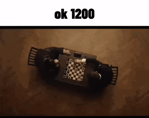two men are playing a game of chess at a table with the words `` ok 1200 '' above them .