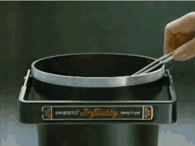 a person is dipping french fries into a presto fry daddy deep fryer .