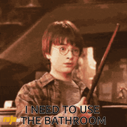 a picture of harry potter holding a wand and saying i need to use the bathroom