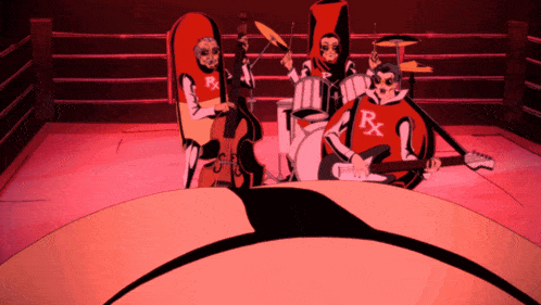 a group of cartoon characters are playing instruments and one has a rx on his shirt