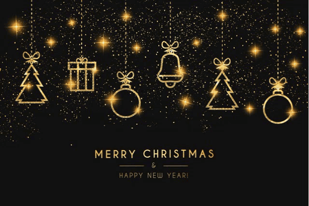 a merry christmas and happy new year greeting card with gold christmas decorations on a black background