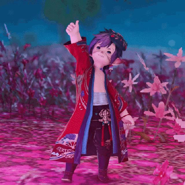 a little girl with purple hair is standing in a field of pink flowers ..