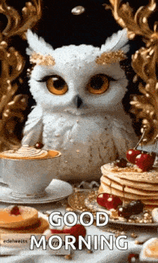 a white owl is sitting next to a cup of coffee and pancakes on a table .
