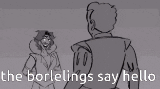 a black and white drawing of a man and a woman with the words `` the borlelings say hello '' .
