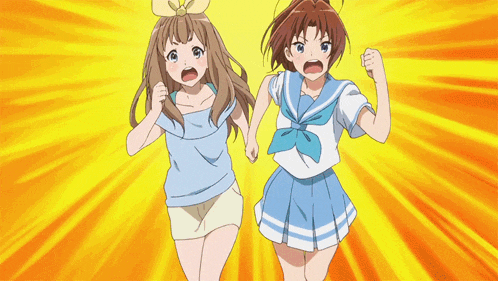 two anime girls with their mouths open are running