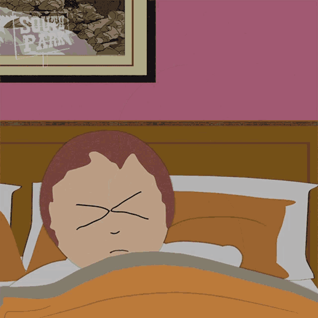 a cartoon of a man laying in a bed with a south park poster behind him