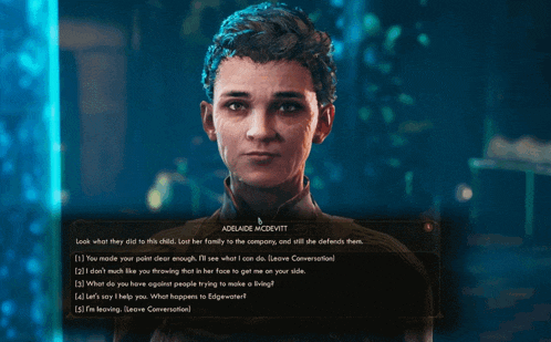 a screenshot of a video game with the name adelaide mcdevitt at the top