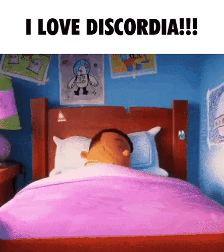 a cartoon character is sleeping in a bed with the words i love discordia