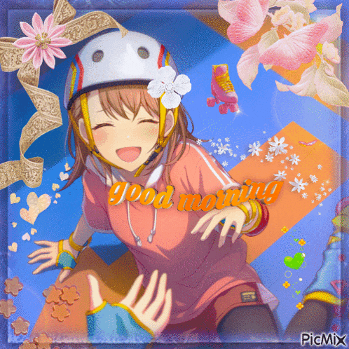 a picture of a girl wearing a helmet with the words good morning written on it