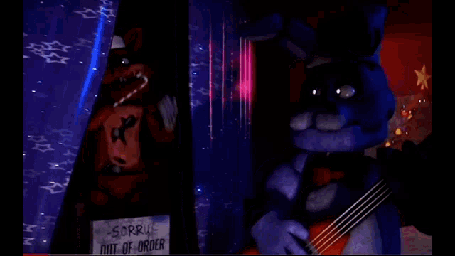 bonnie is playing a guitar in front of a sign that says out of order