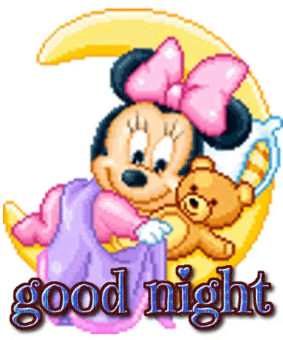 a pixel art of minnie mouse holding a teddy bear with the words good night below her