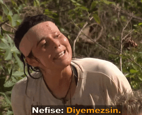 a woman with a bandage on her head is smiling with the words nefise diyemezsin below her