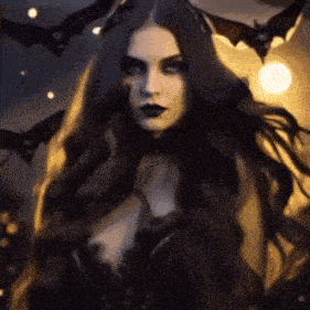 a woman with long dark hair and bats flying around her
