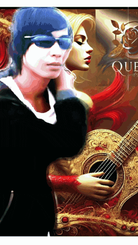 a woman holding a guitar in front of a poster that says queen on it