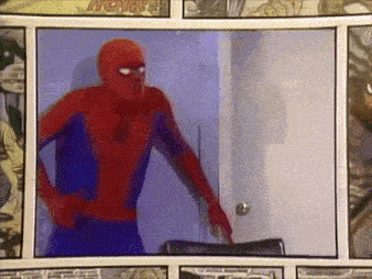 a man in a spider man costume is standing in front of a door surrounded by comic strips
