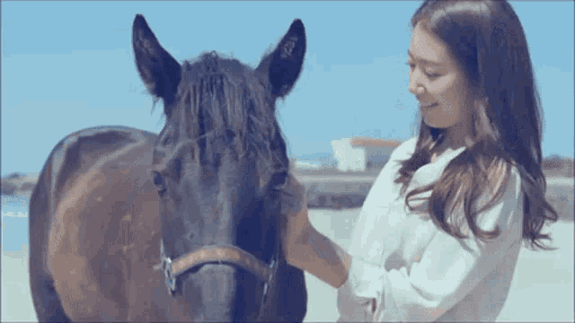 a woman petting a horse on the beach with a blue sky in the background