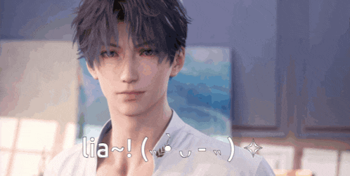 a close up of a man 's face with the words lia ~ ( ) on it