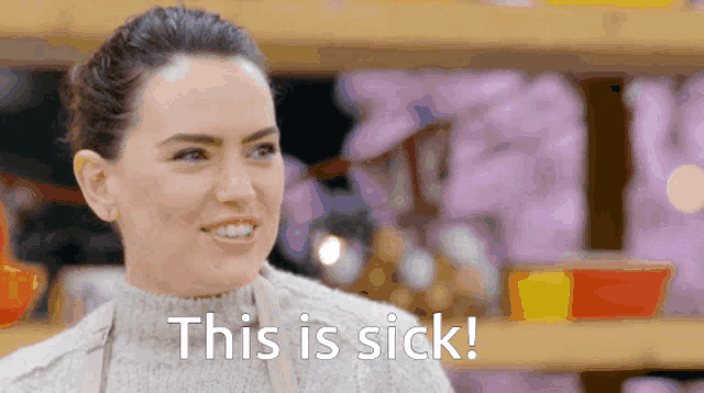 a woman says " this is sick " in front of a blurry background