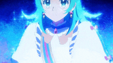 a girl with blue hair and a white dress