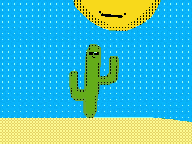a cartoon cactus wearing sunglasses stands in the sand