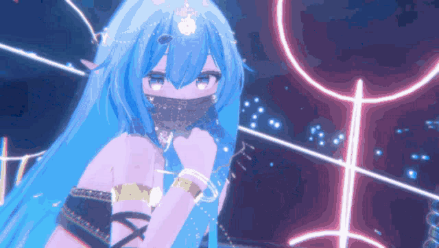 a girl with blue hair is standing in front of a neon sign with the letter o on it