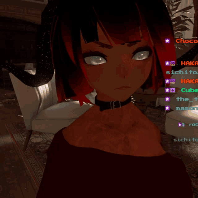 a girl with red hair has a choker around her neck and a skull and crossbones tattoo on her arm