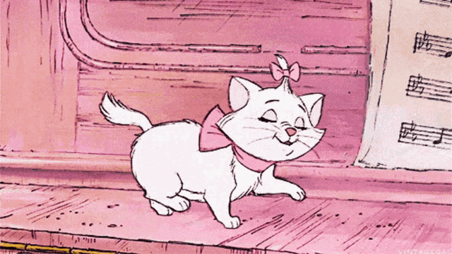 a drawing of a cat with a pink bow around its neck
