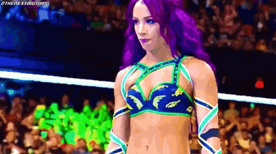 a pixelated image of a woman with purple hair and a blue and green outfit