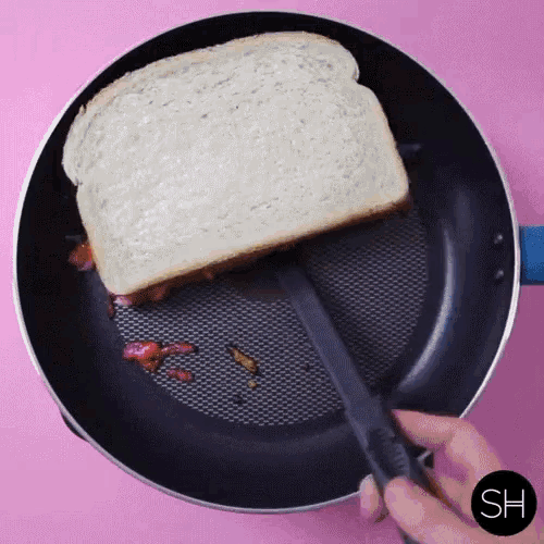a person is holding a frying pan with a sandwich in it and the letters sh on the bottom