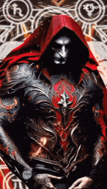 a man with a red hood is standing in front of a circle with a r on it