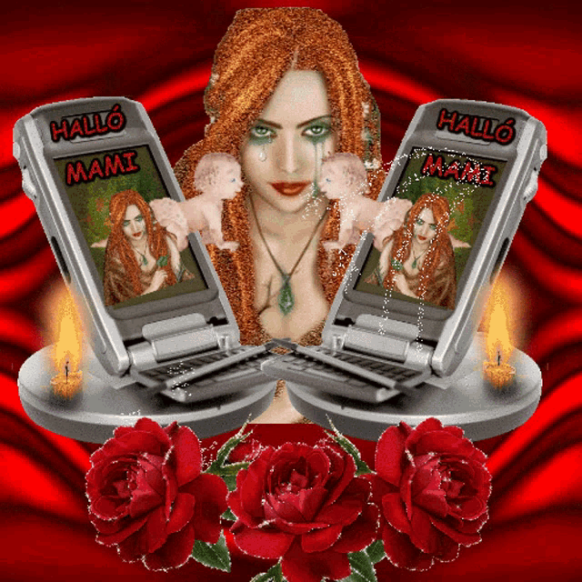a picture of a woman and two cell phones with hallo mami written on them