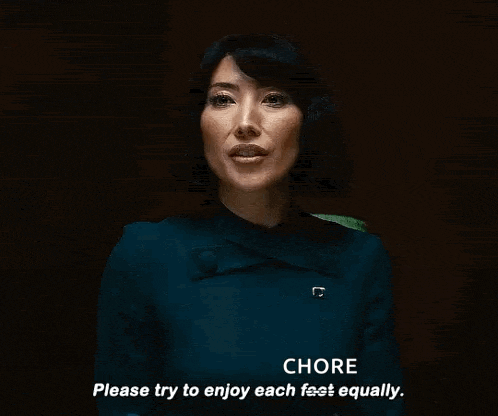 a woman in a blue dress is talking to someone and says `` please try to enjoy each feet equally . ''