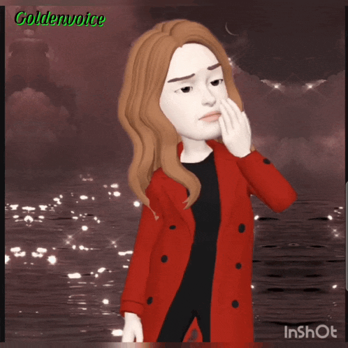 a cartoon of a woman in a red coat with the words goldenvoice on the top