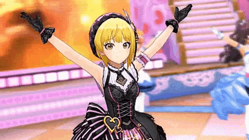 a blonde anime girl in a black and pink dress is dancing on a stage .