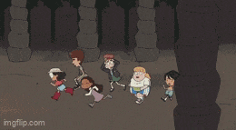 a group of children are running in a dark room with a yellow light coming out of their mouths ..