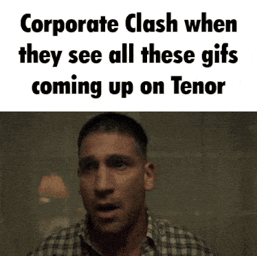 a man with a surprised look on his face is next to a text that says corporate clash